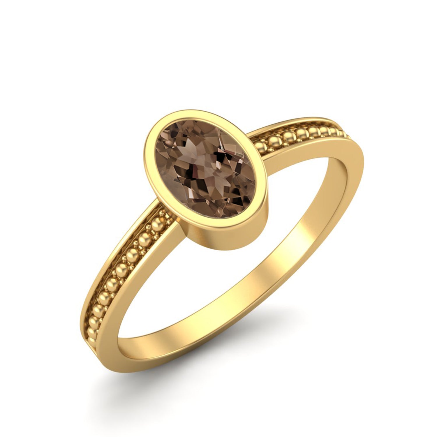 Smoky Quartz 0.50 Ct Oval Bezel Milgrain Band Ring – 14K Yellow Gold