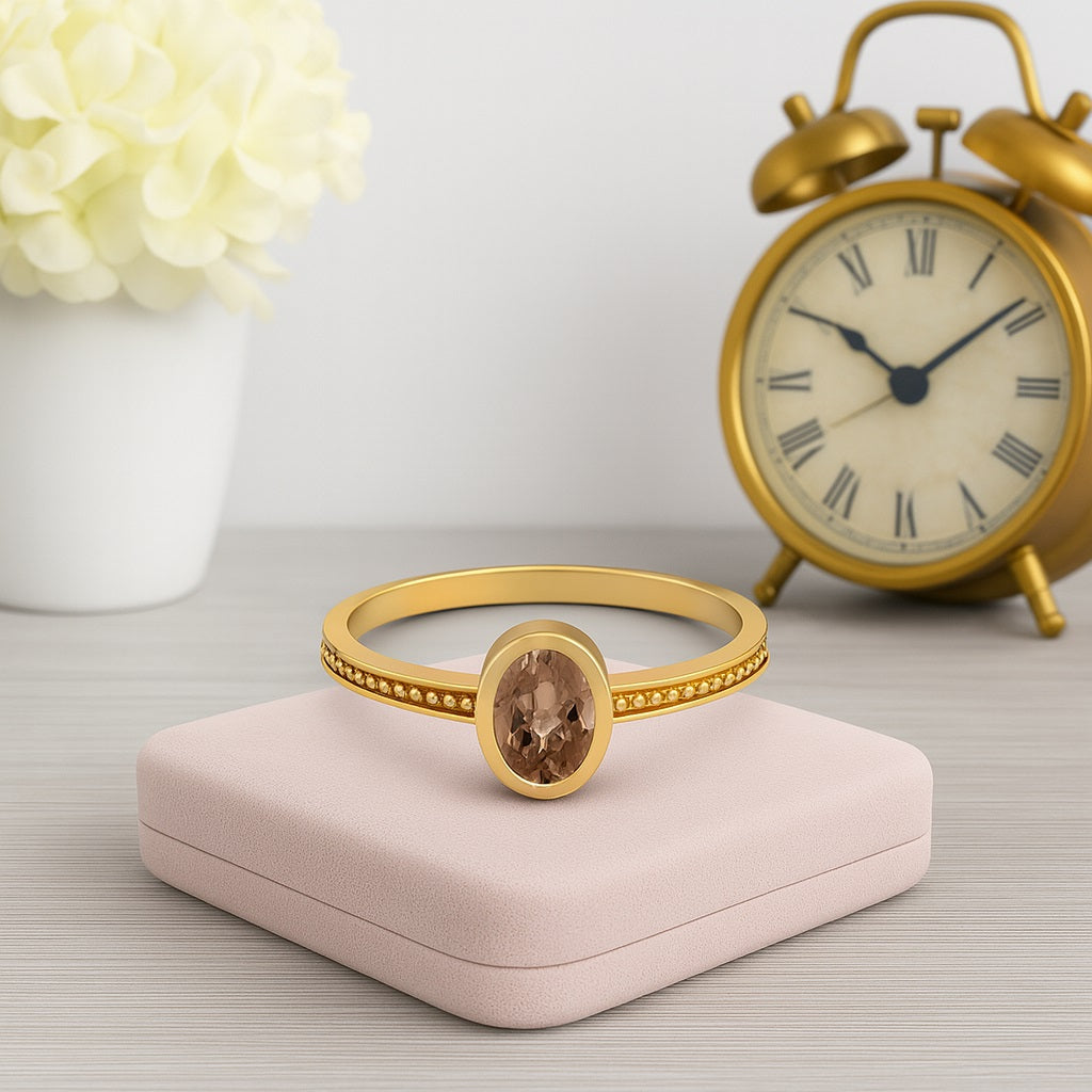 Smoky Quartz 0.50 Ct Oval Bezel Milgrain Band Ring – 14K Yellow Gold