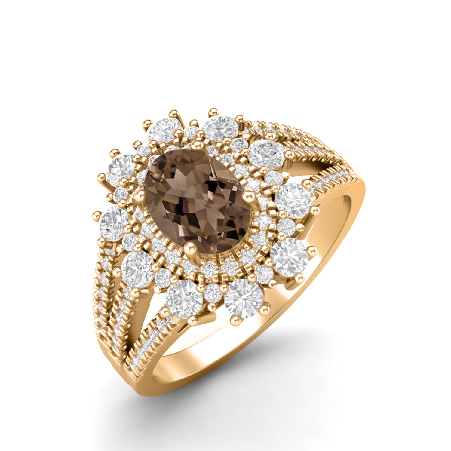 Smoky Quartz 1.00 Ct Oval Solitaire Halo Split Shank Ring – 14K Yellow Gold