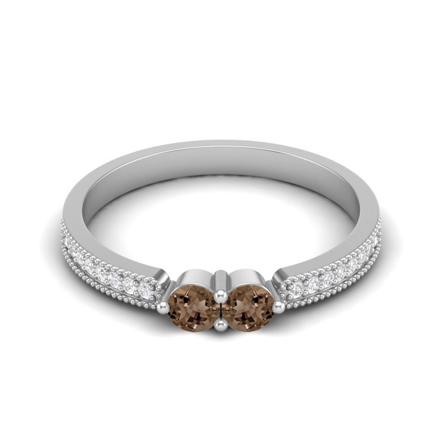 Smoky Quartz 0.20 Ct Round Twin Stone Pavé Shank Ring – 14K Yellow Gold