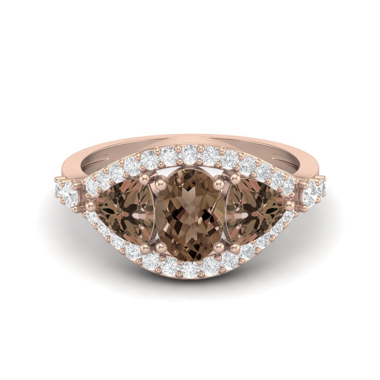 Smoky Quartz 2.00 Ct Oval Three-Stone Halo Ring – 14K Yellow Gold