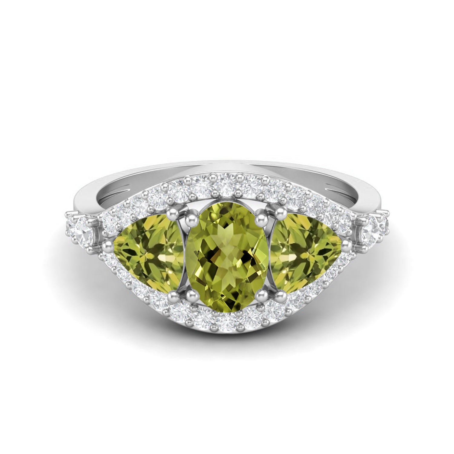 Peridot Triple Stone Halo Statement Ring – Sterling Silver