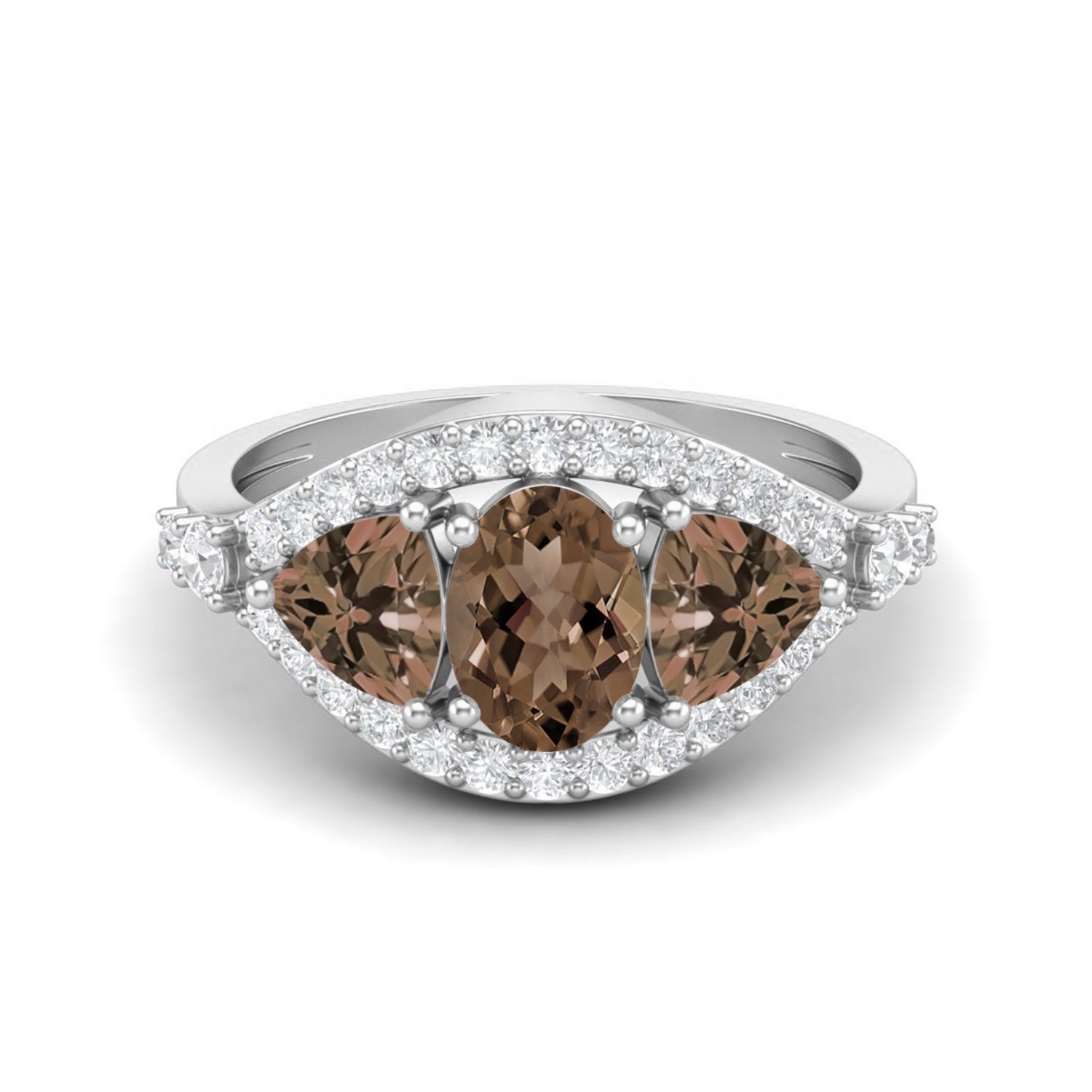 Smoky Quartz 2.00 Ct Oval Three-Stone Halo Ring – 14K Yellow Gold