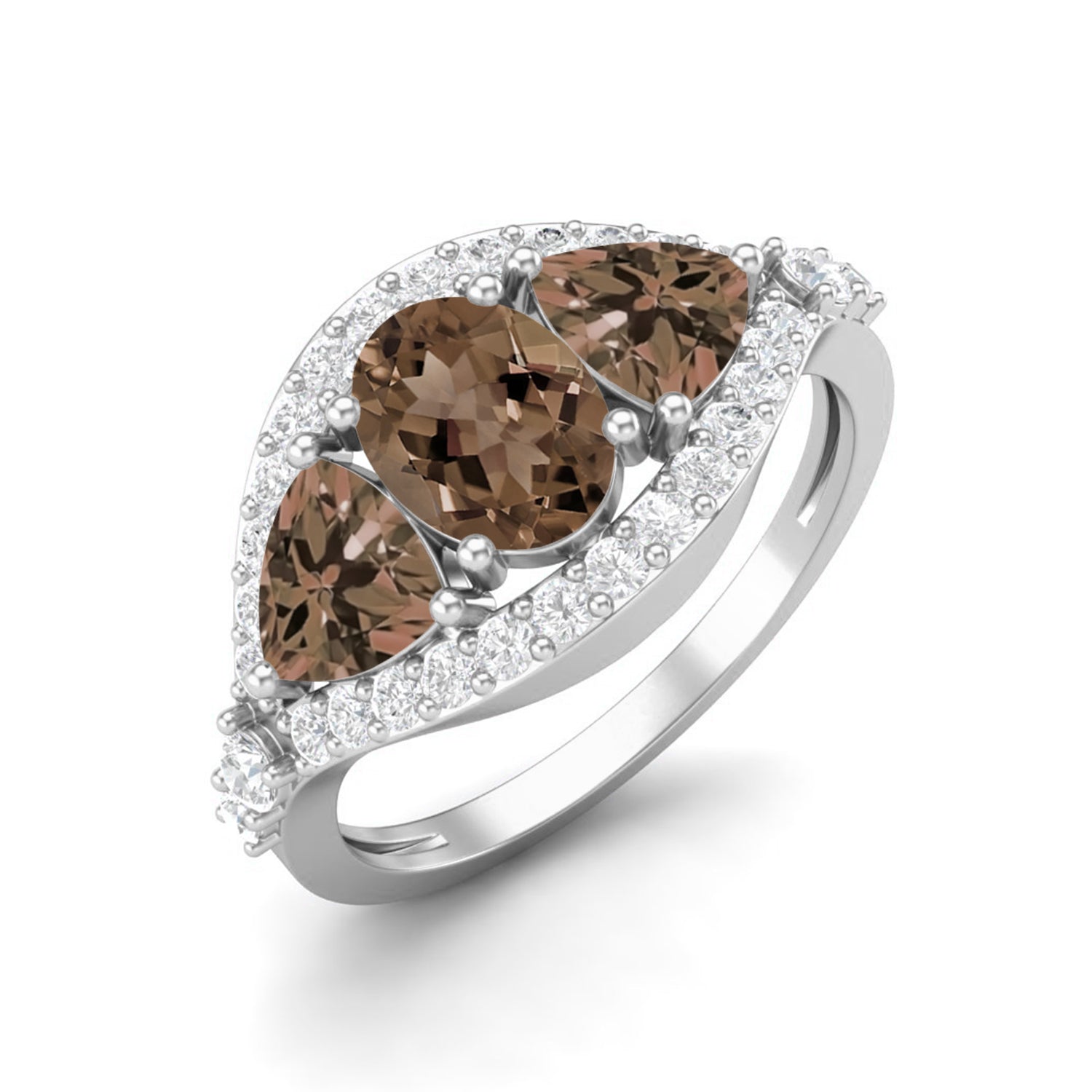 Smoky Quartz 2.00 Ct Oval Three-Stone Halo Ring – 14K Yellow Gold