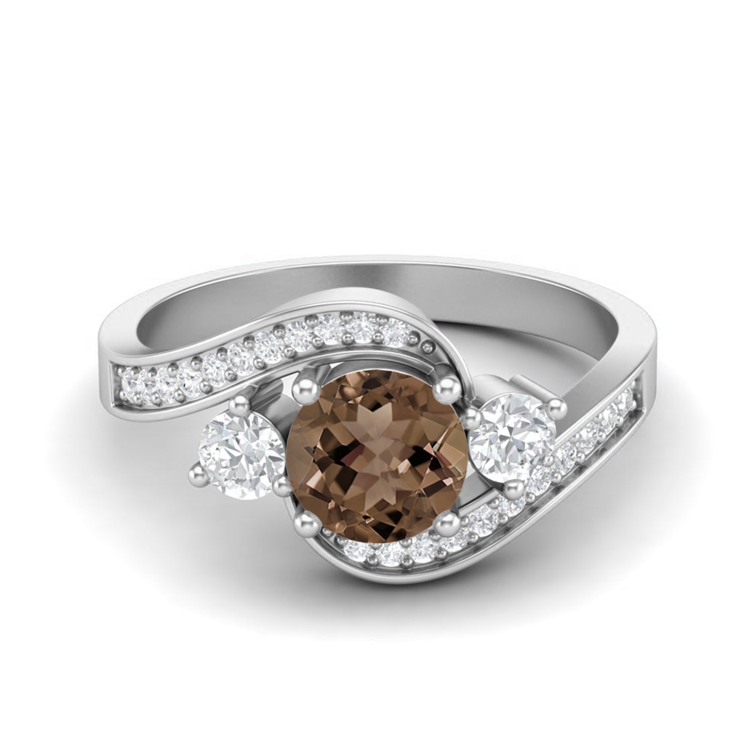 Smoky Quartz 0.75 Ct Round Three-Stone Wave Ring – 14K Yellow Gold