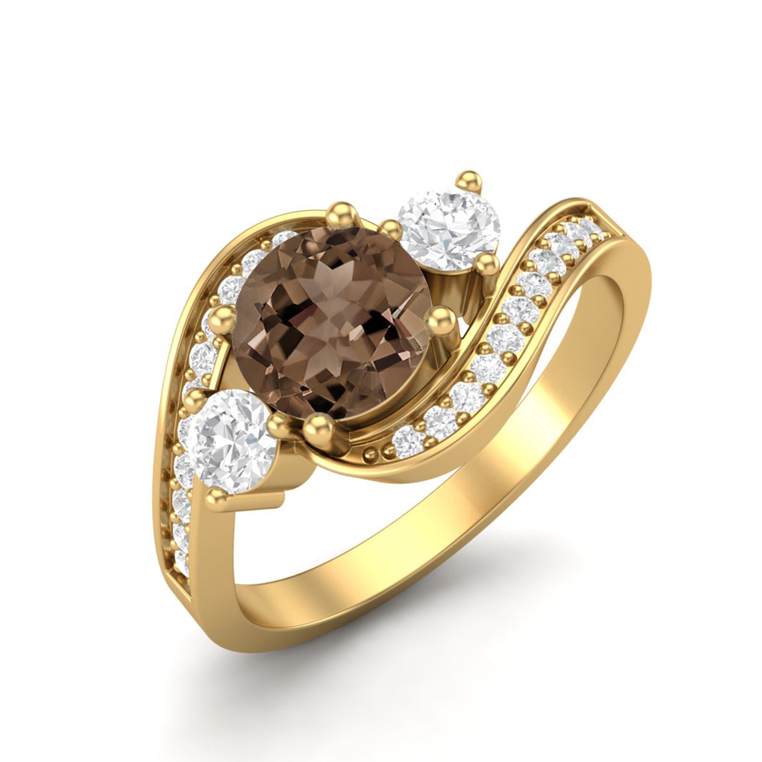 Smoky Quartz 0.75 Ct Round Three-Stone Wave Ring – 14K Yellow Gold