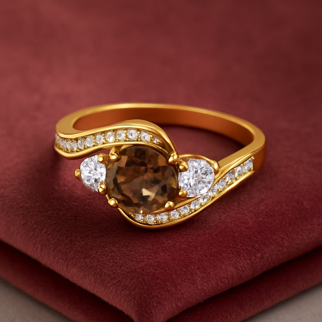 Smoky Quartz 0.75 Ct Round Three-Stone Wave Ring – 14K Yellow Gold