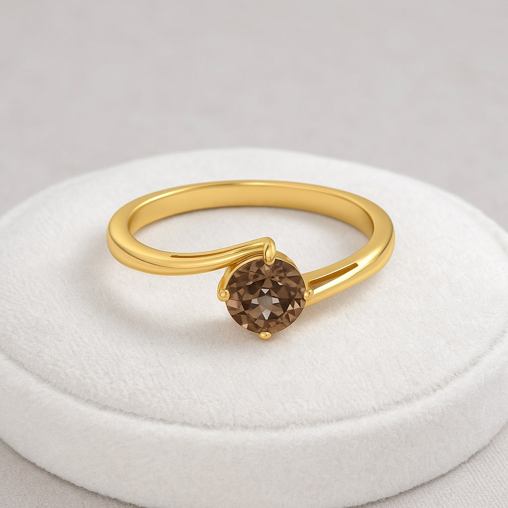 Smoky Quartz 0.50 Ct Round Solitaire Bypass Ring – 14K Yellow Gold