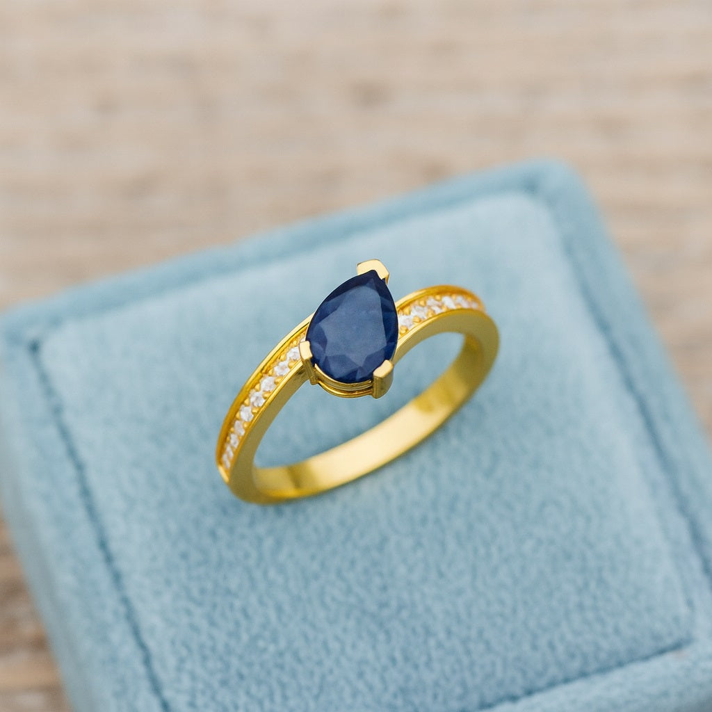 Blue Sapphire 0.75 Ct Pear Solitaire Ring - 14k Yellow Gold