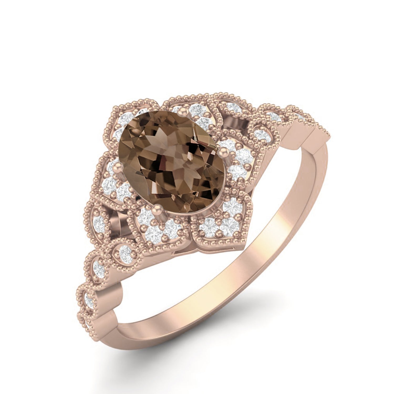 Smoky Quartz 1.00 Ct Oval Cut Vintage Inspired Ring – 14K Yellow Gold