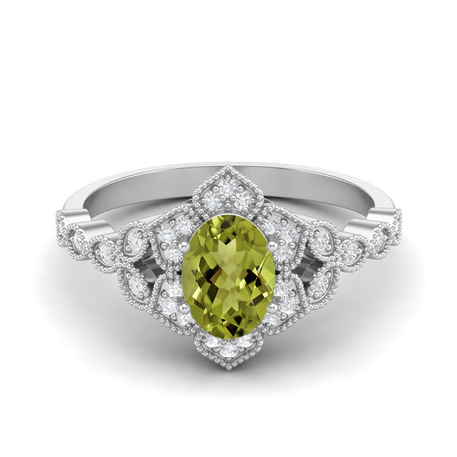 Peridot Vintage Royal Halo Design Ring – Sterling Silver