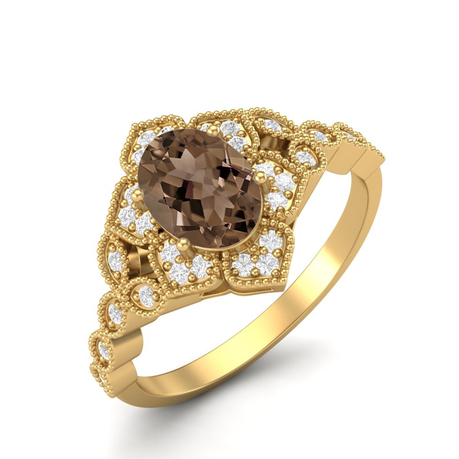Smoky Quartz 1.00 Ct Oval Cut Vintage Inspired Ring – 14K Yellow Gold