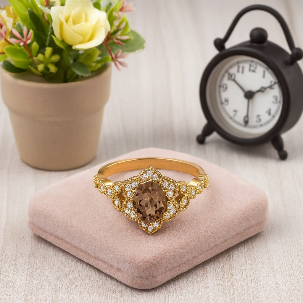 Smoky Quartz 1.00 Ct Oval Cut Vintage Inspired Ring – 14K Yellow Gold