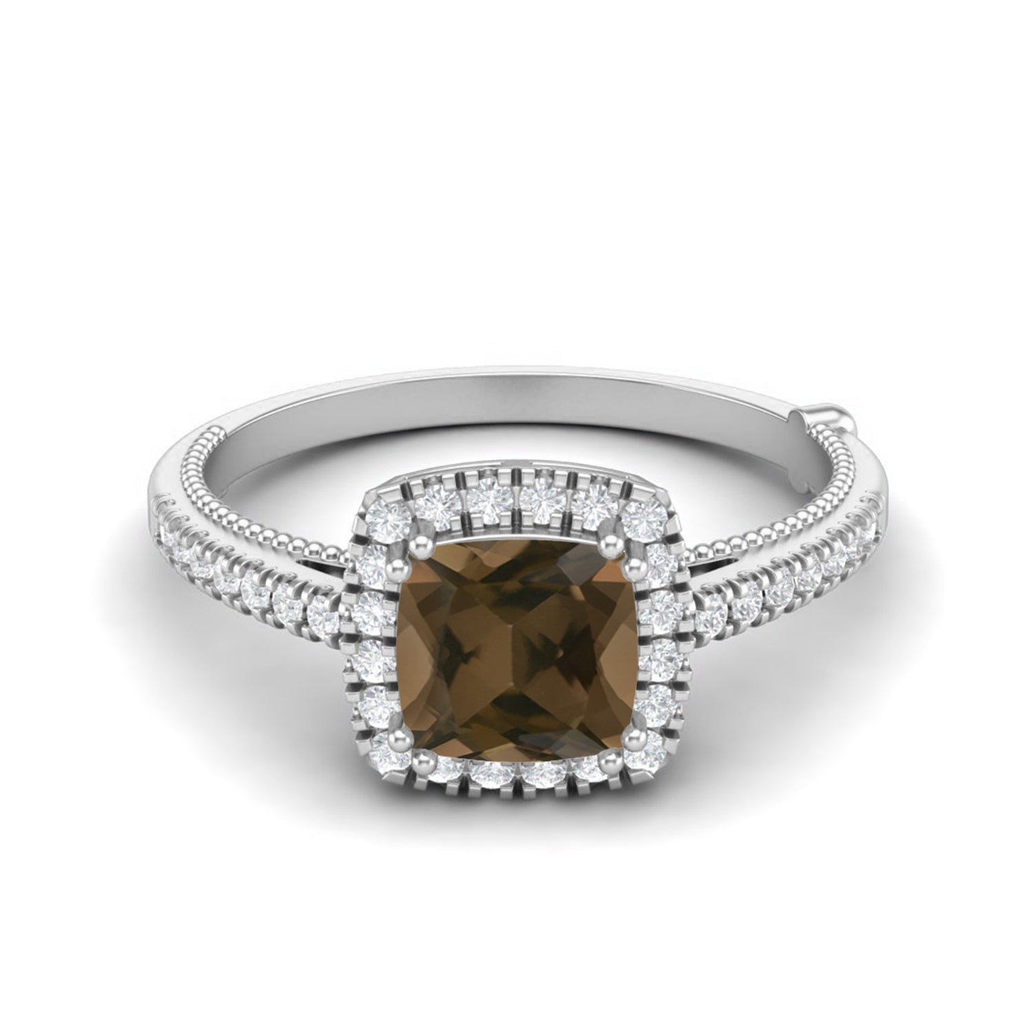 Smoky Quartz 1.30 Ct Cushion Cut Halo Accent Ring – 14K Yellow Gold