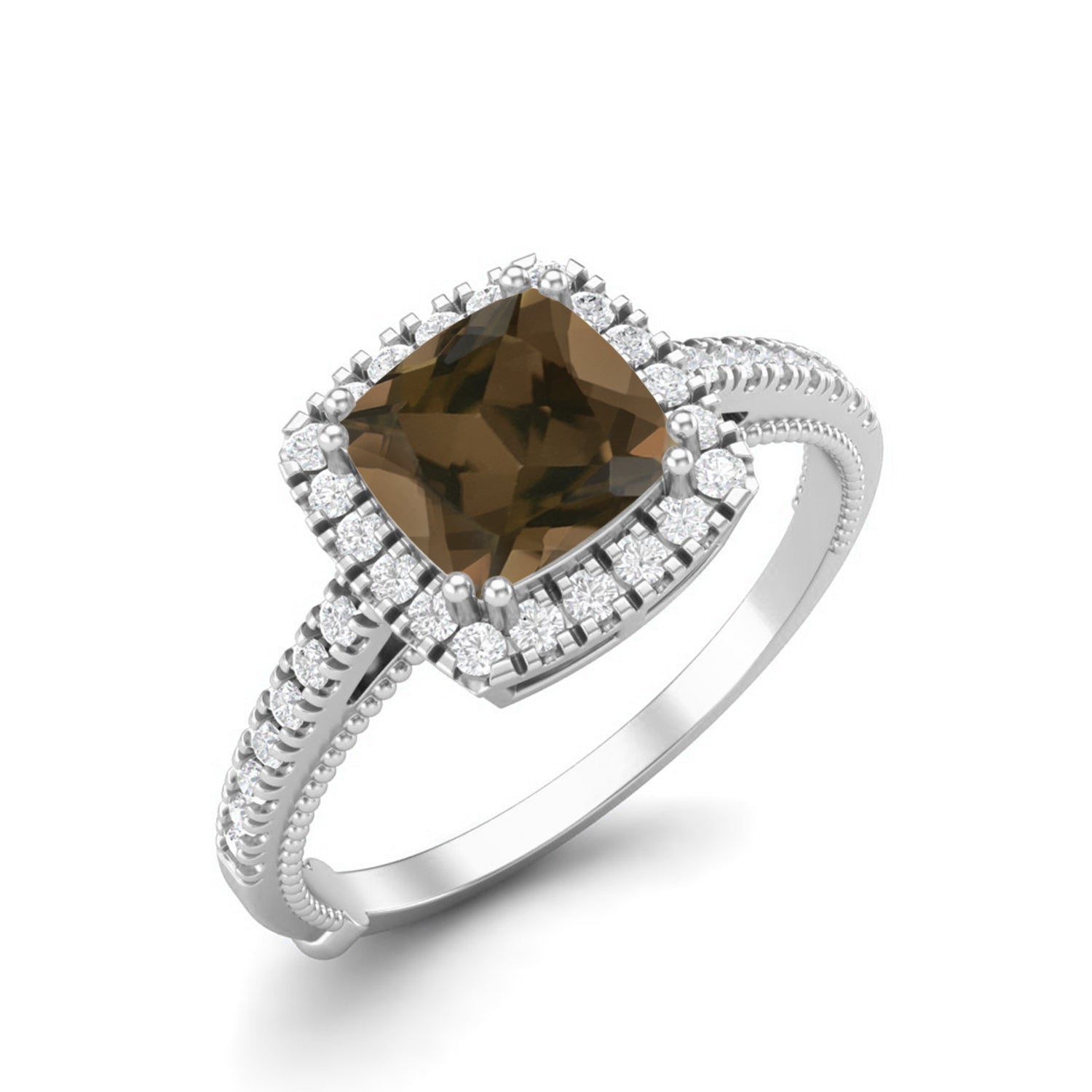 Smoky Quartz 1.30 Ct Cushion Cut Halo Accent Ring – 14K Yellow Gold