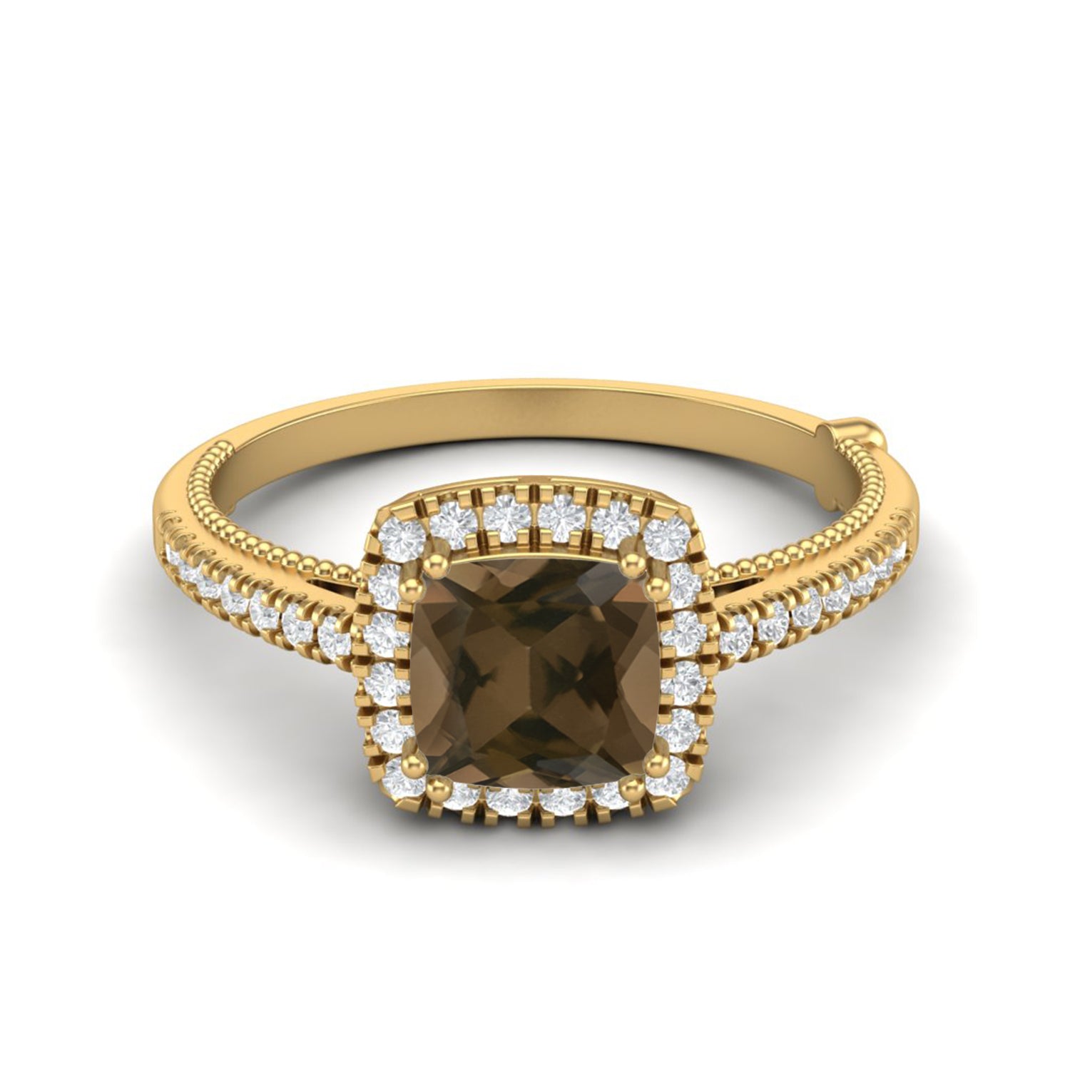 Smoky Quartz 1.30 Ct Cushion Cut Halo Accent Ring – 14K Yellow Gold