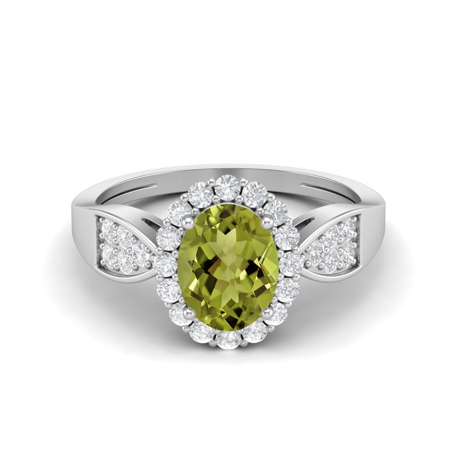 Peridot Classic Halo Design with Side Accents Ring – Sterling Silver