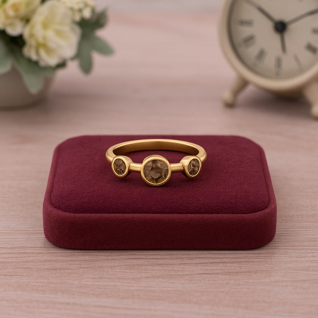 Smoky Quartz 0.05 Ct Round Bezel Set Trio Ring – 14K Yellow Gold