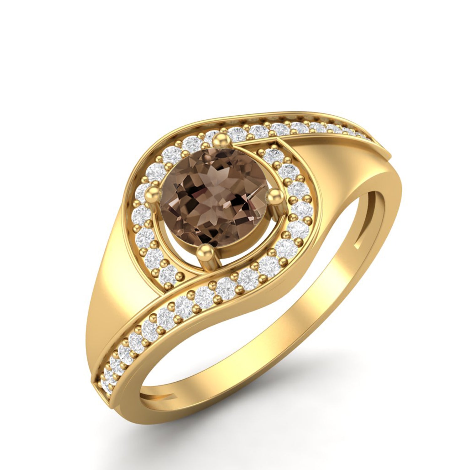 Smoky Quartz 0.50 Ct Round Halo Accent Ring – 14K Yellow Gold