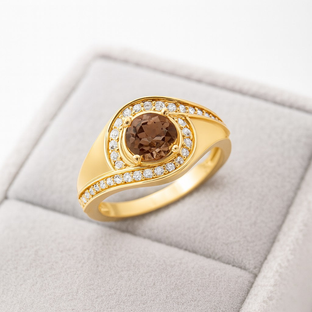 Smoky Quartz 0.50 Ct Round Halo Accent Ring – 14K Yellow Gold