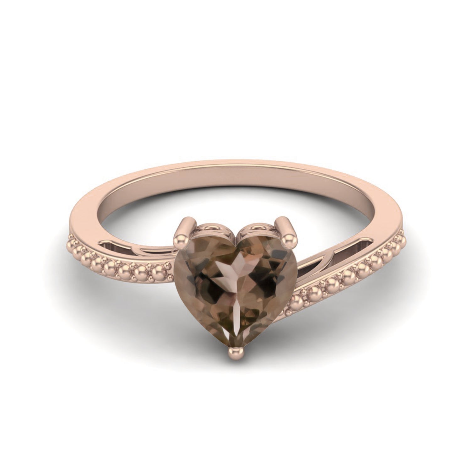 Smoky Quartz 1.25 Ct Heart Cut Beaded Band Ring – 14K Yellow Gold