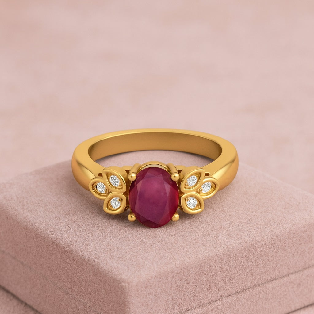 Ruby 1.50 Ct Oval Floral Accents Ring – 14k Yellow Gold