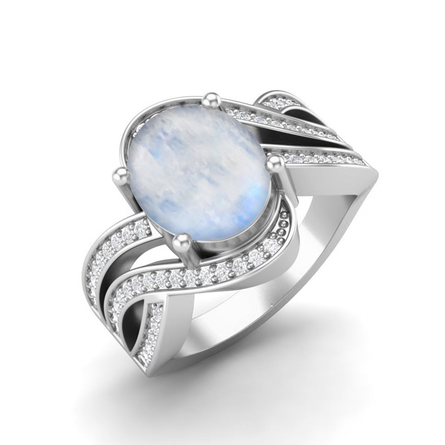 Anello di fidanzamento con pietra di luna naturale, anello di nozze solitario in argento sterling 925 placcato platino