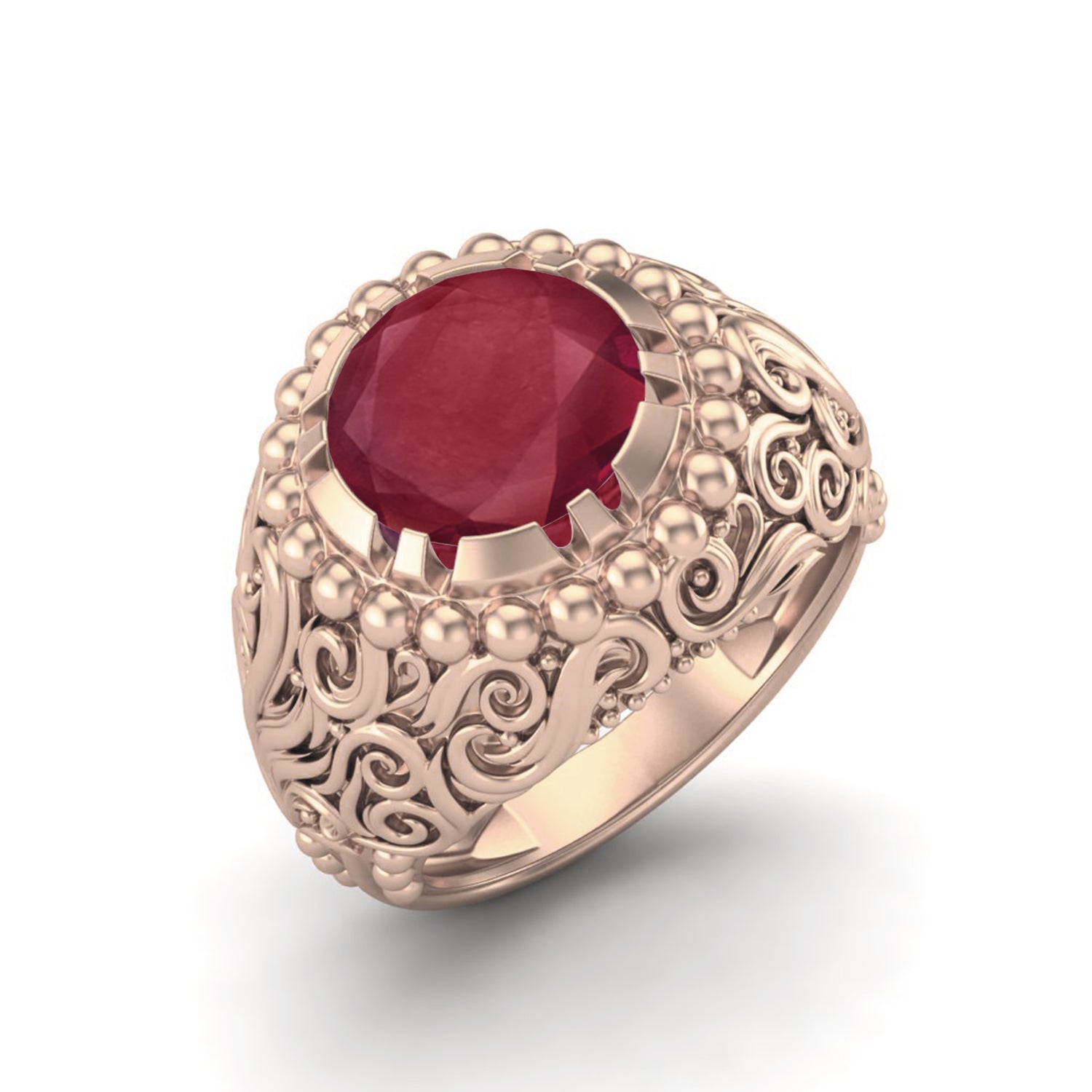 Ruby 3.50 Ct Round Vintage Filigree Statement Ring – 14k Yellow Gold