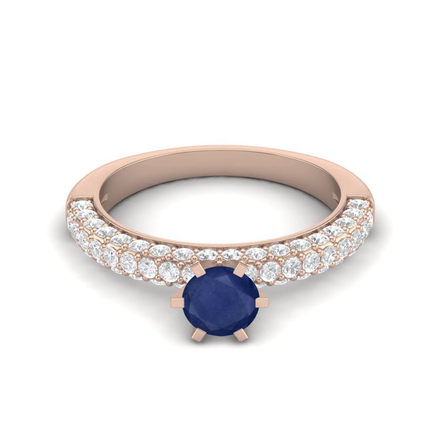 Blue Sapphire 0.50 Ct Round Soliatire Pavé Band Ring – 14k Yellow Gold