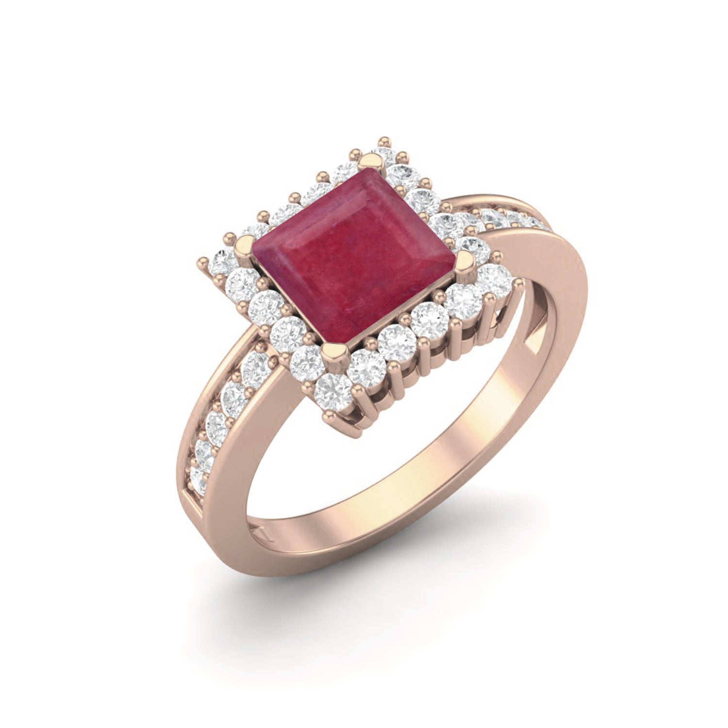 Ruby 1.30 Ct Square Halo Ring – 14k Yellow Gold