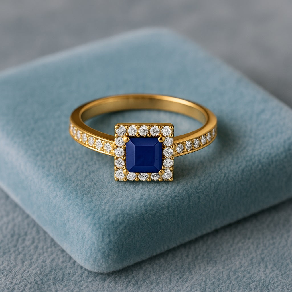 Blue Sapphire 1.30 Ct Square Solitaire with Accents Ring – 14k Yellow Gold
