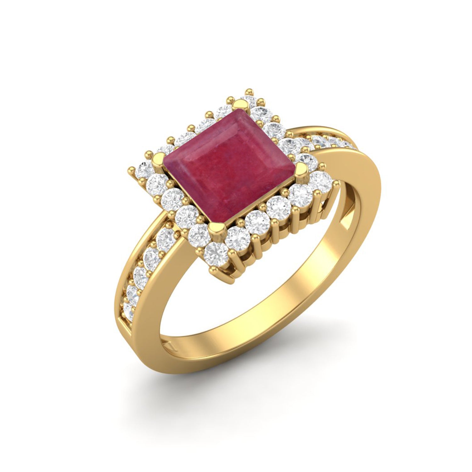 Ruby 1.30 Ct Square Halo Ring – 14k Yellow Gold