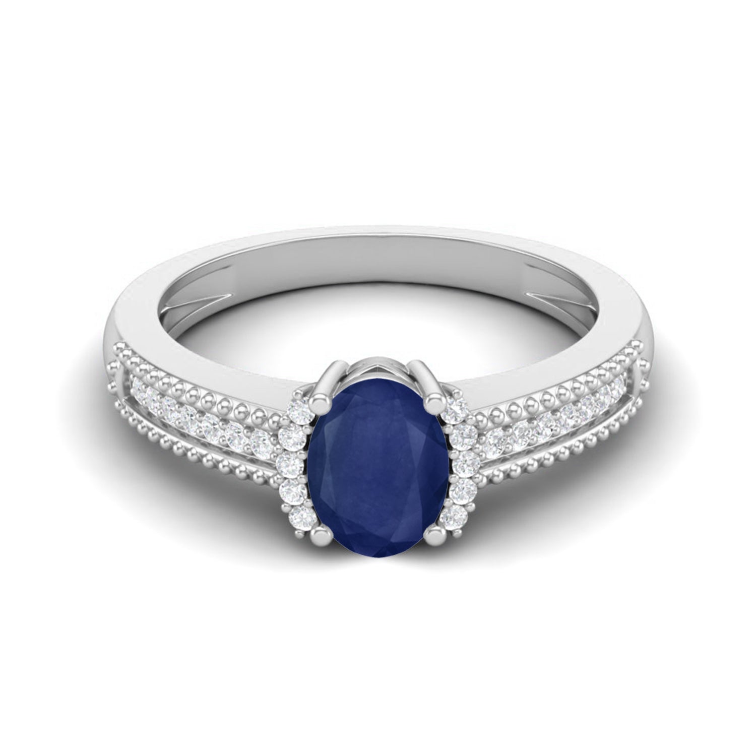 Blue Sapphire Milgrain Pave Band Design Ring – Sterling Silver