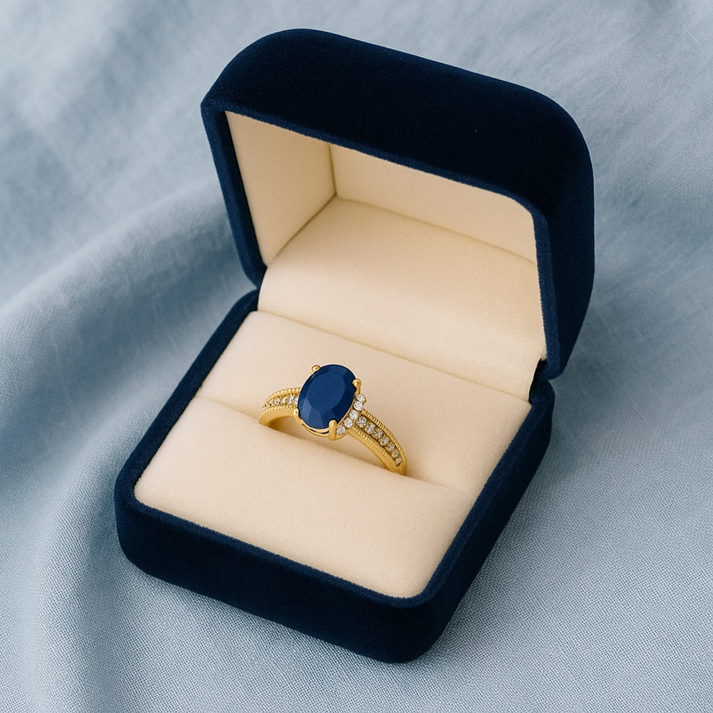 Blue Sapphire Oval 0.25 Ct Solitaire with Accents Ring – 14k Yellow Gold