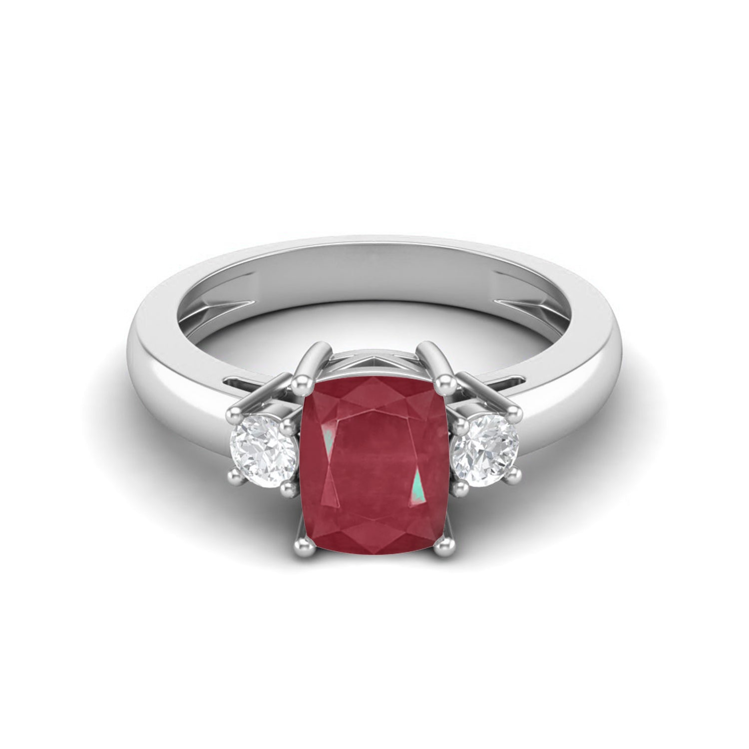 Ruby 1.50 Ct Cushion Cut Three Stone Ring – 14k Yellow Gold