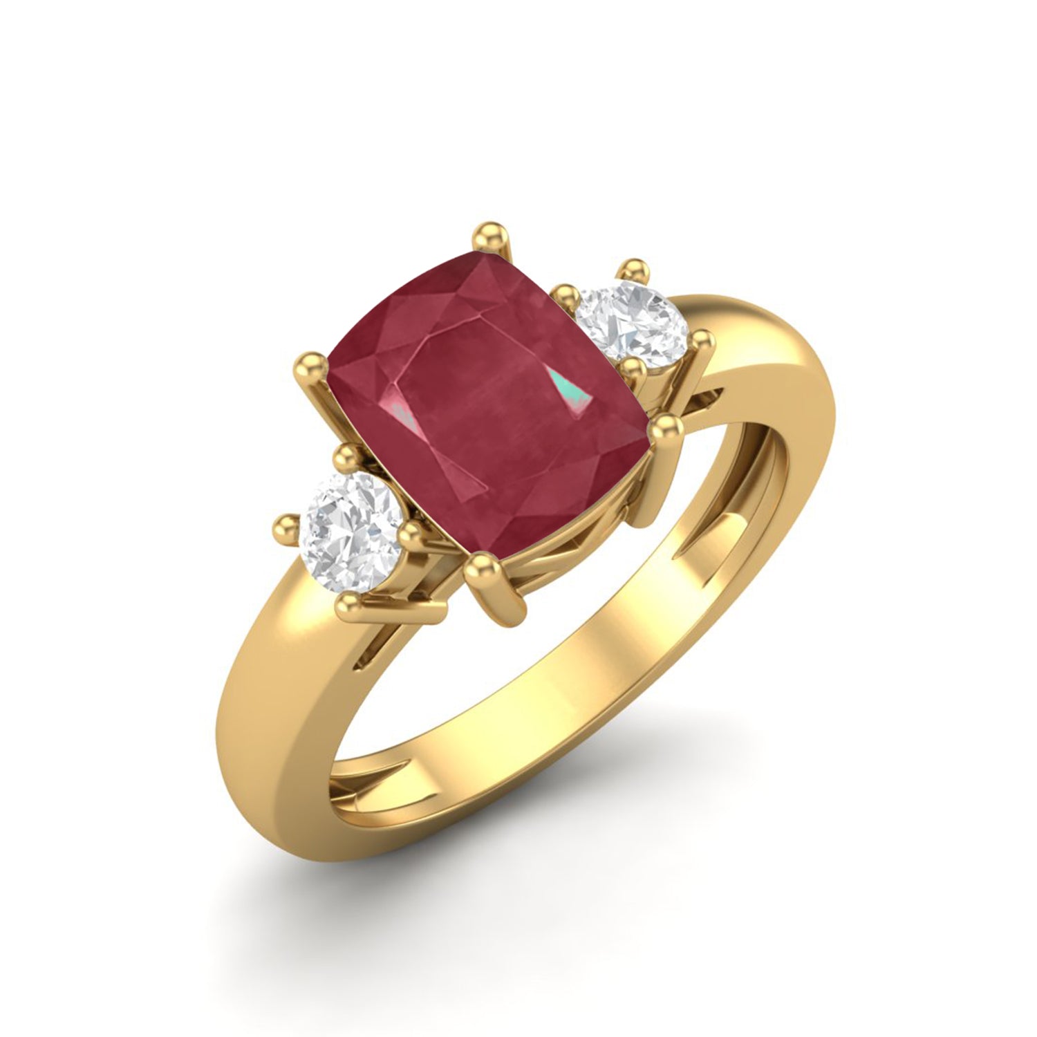 Ruby 1.50 Ct Cushion Cut Three Stone Ring – 14k Yellow Gold