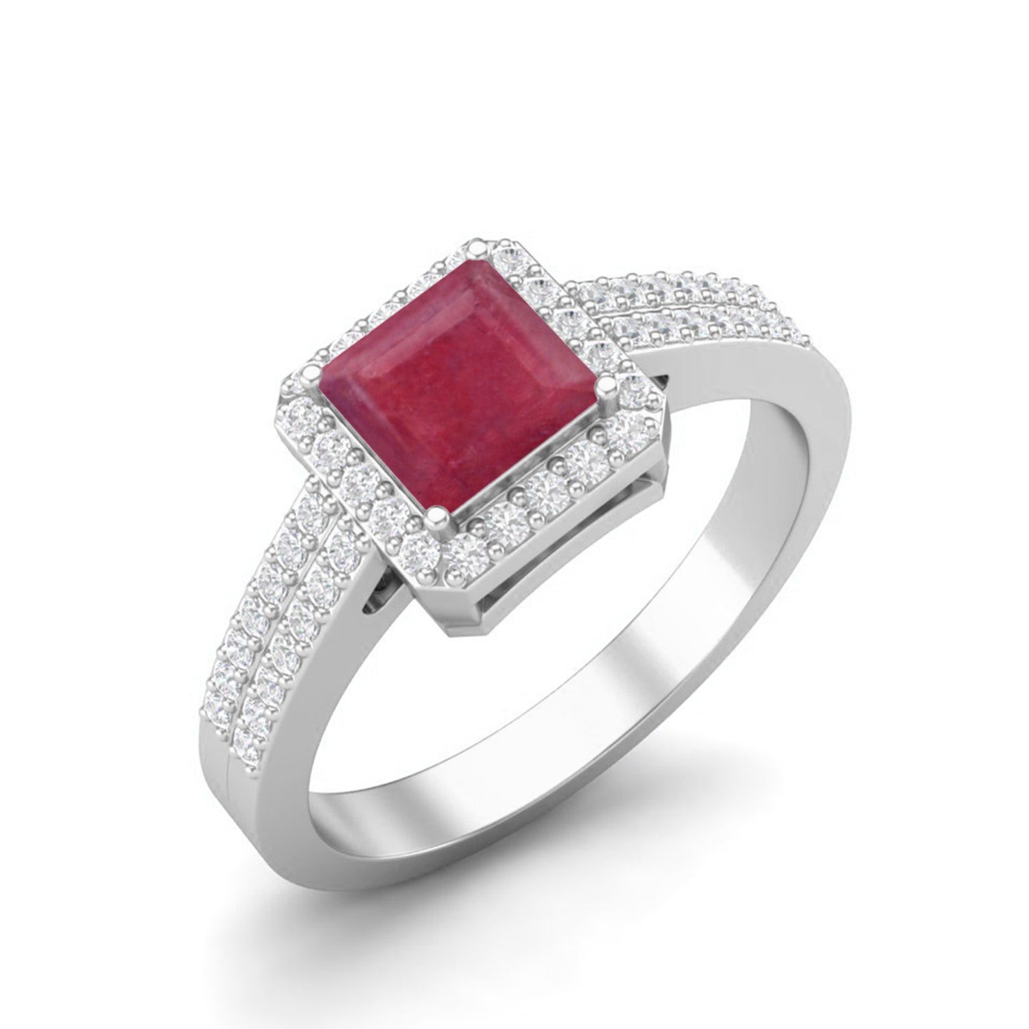 Ruby 1.30 Ct Square Solitaire with Accents Ring – 14K Yellow Gold