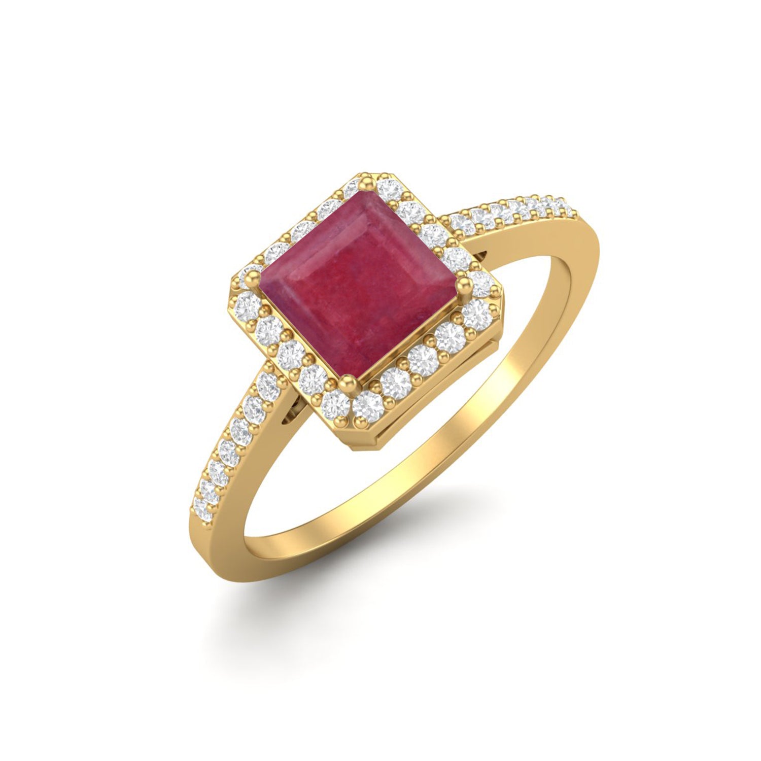 Ruby 1.30 Ct Square Solitaire with Accents Ring – 14K Yellow Gold