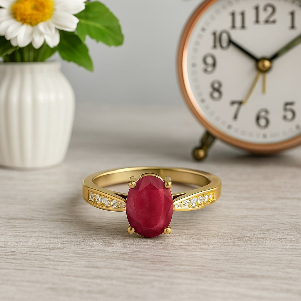 Ruby 1.50 Ct Oval Split Shoulder Accent Ring – 14K Yellow Gold