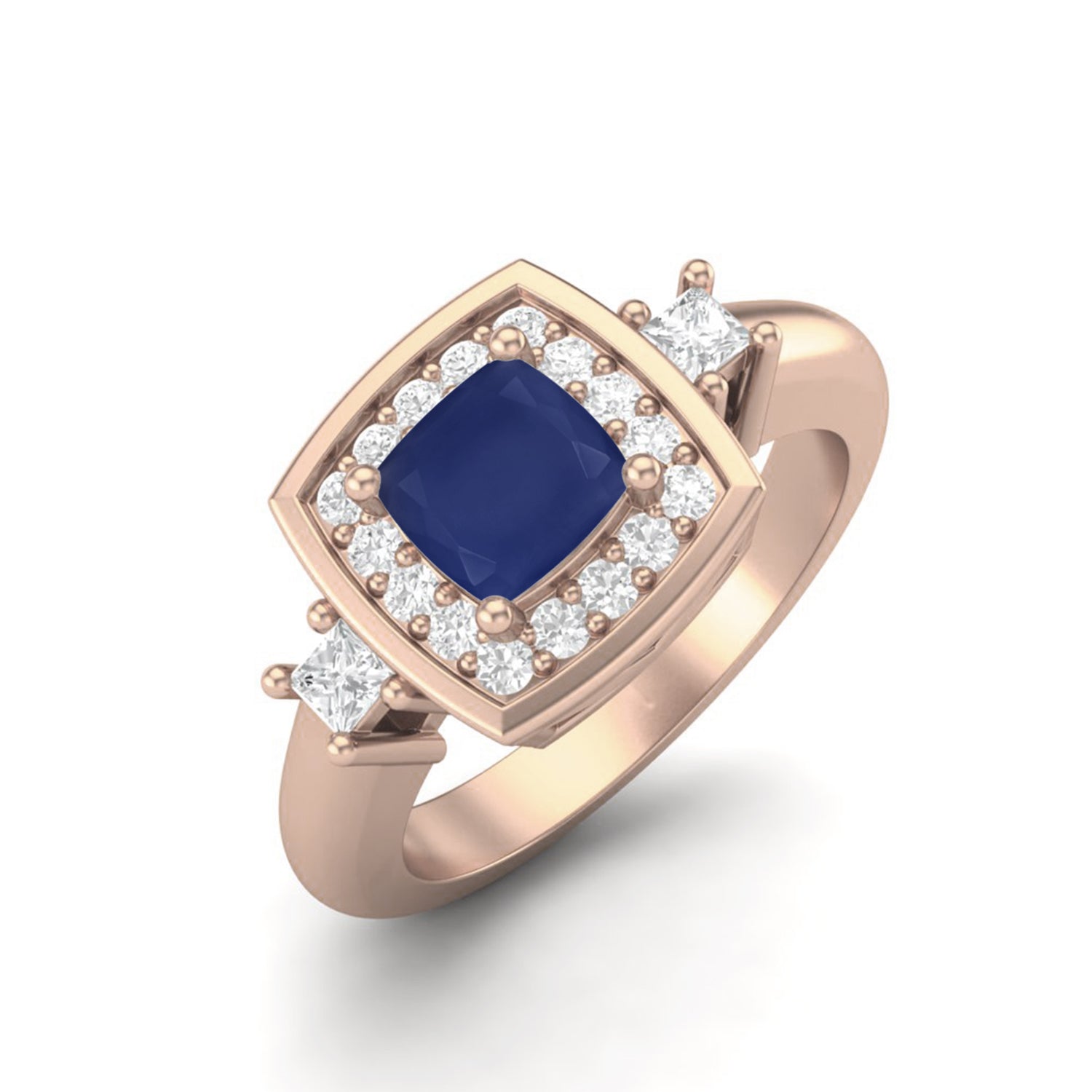 Blue Sapphire Halo Princess Accent Ring – Sterling Silver
