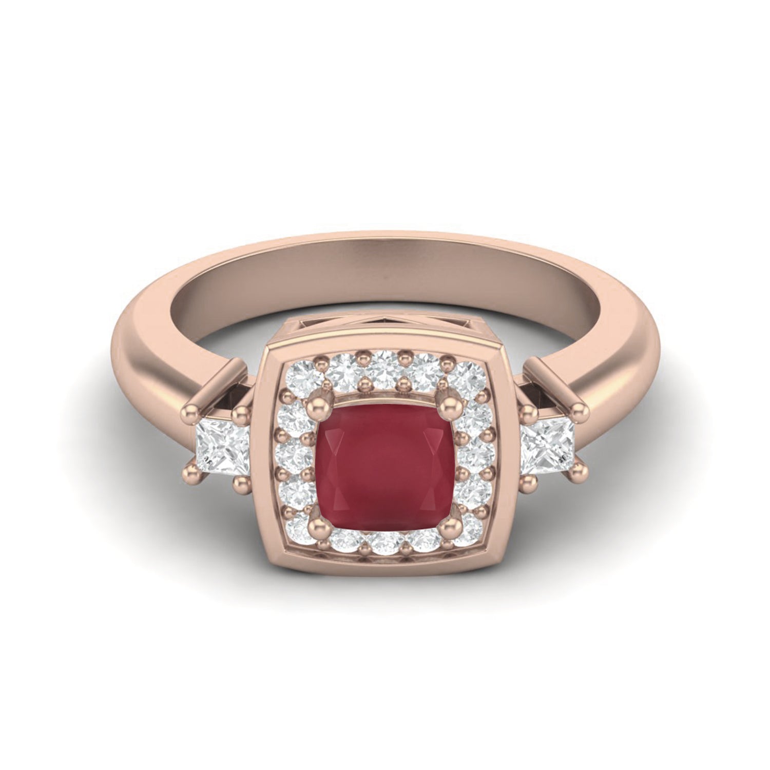 Ruby 0.75 Ct Cushion Halo Side Stone Ring – 14K Yellow Gold