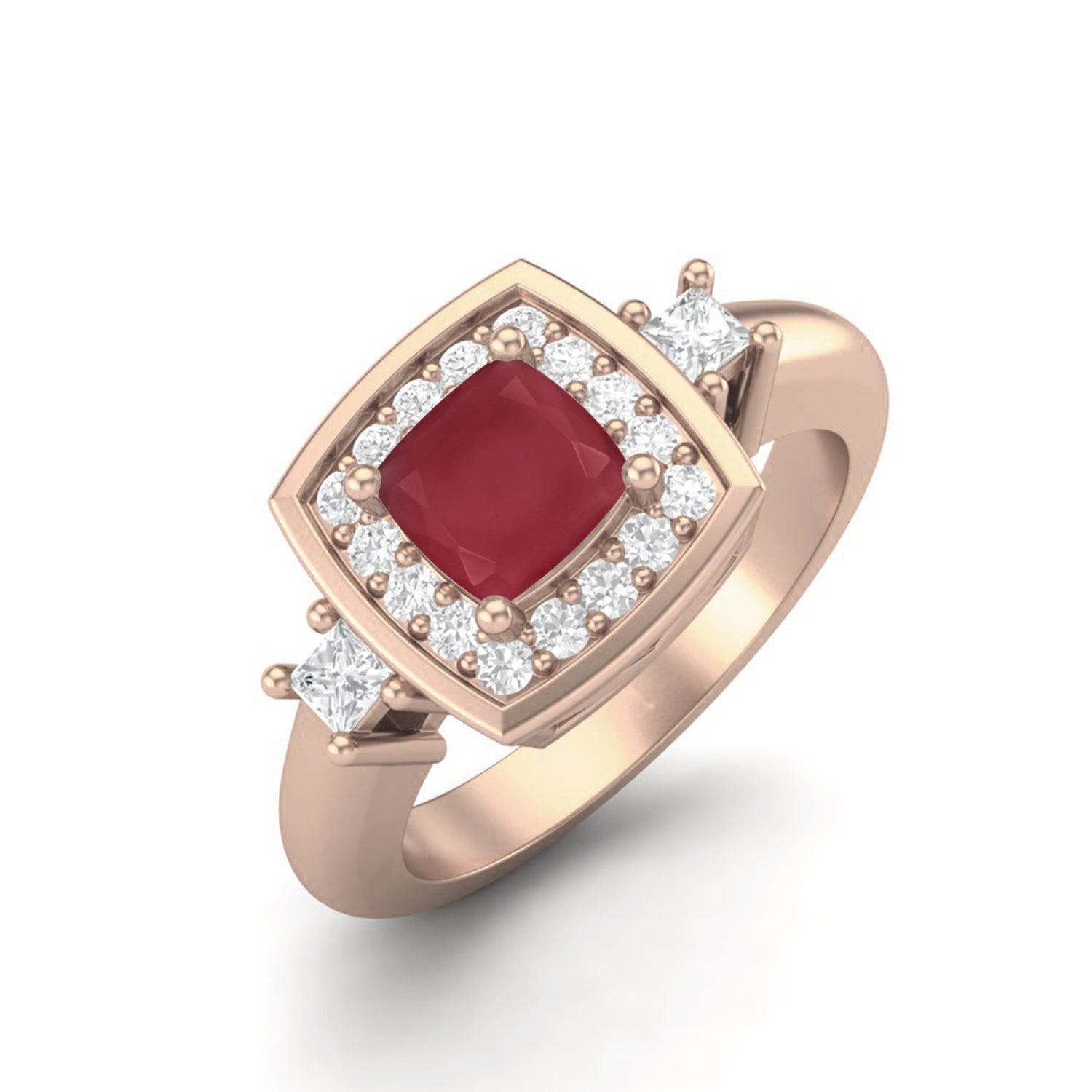 Ruby 0.75 Ct Cushion Halo Side Stone Ring – 14K Yellow Gold