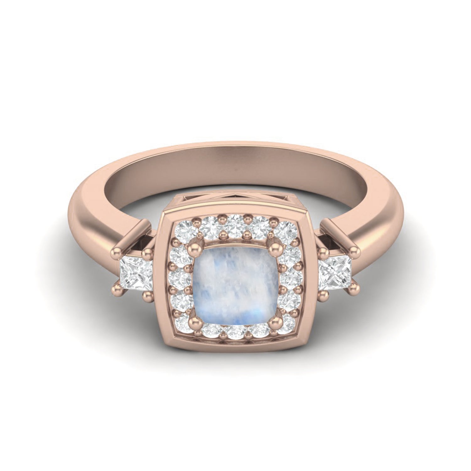 Moonstone Cushion Halo Accents Ring - Sterling Silver