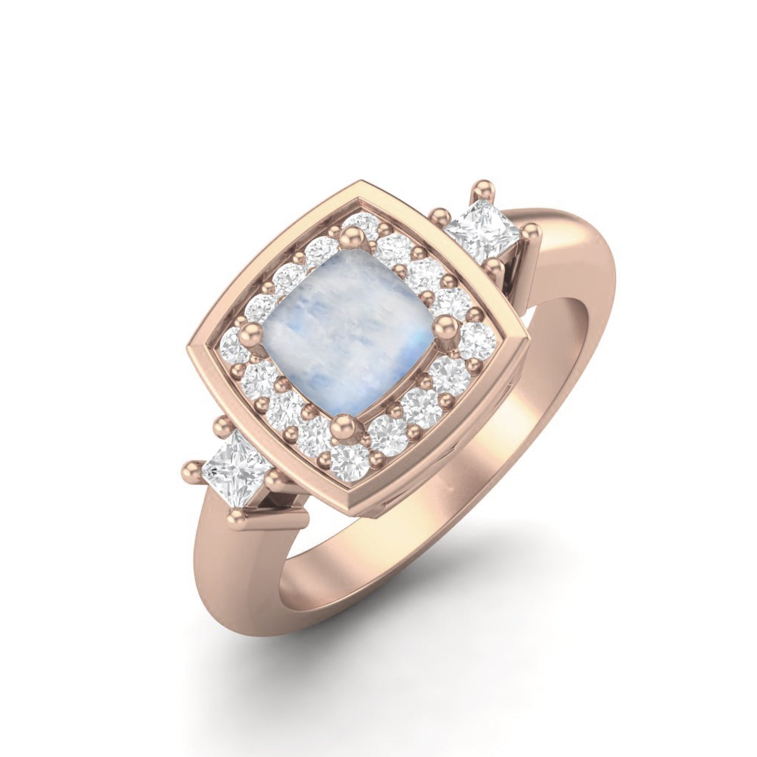 Moonstone Cushion Halo Accents Ring - Sterling Silver
