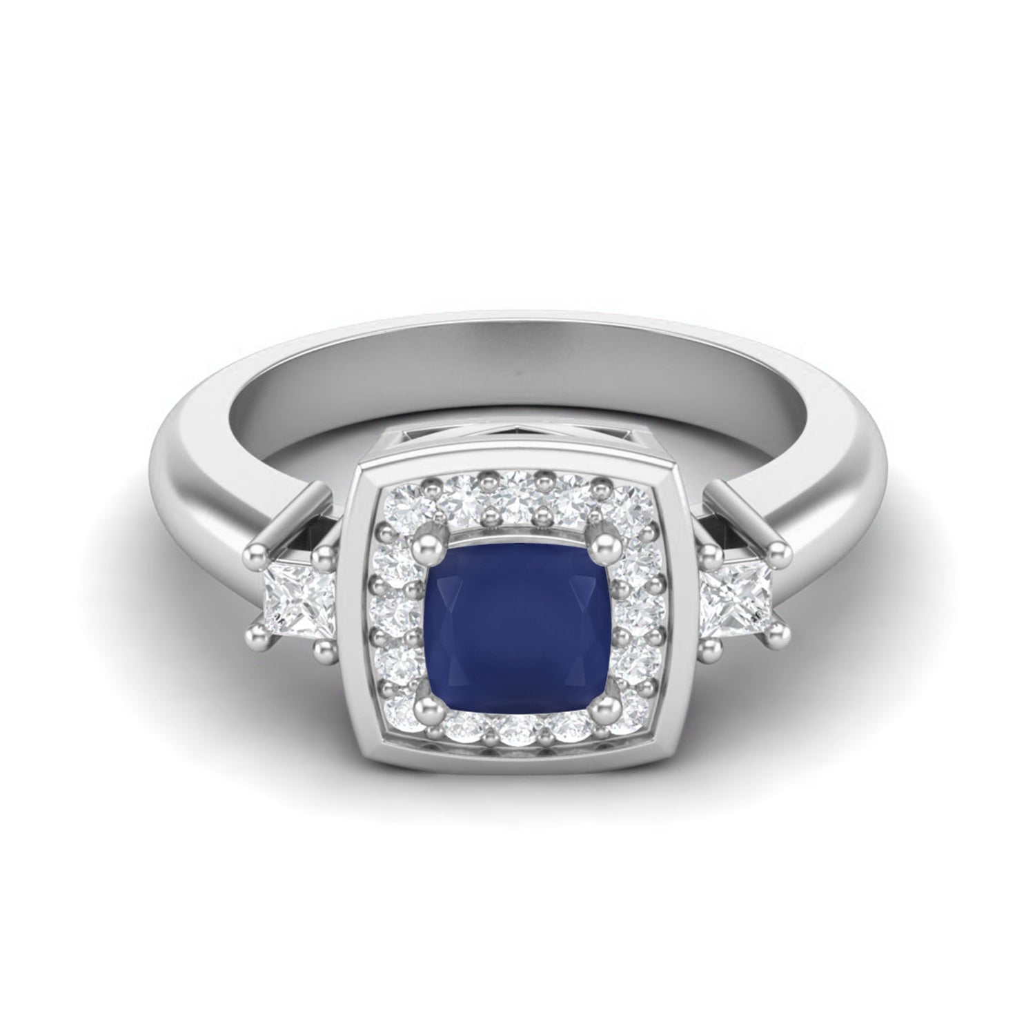 Blue Sapphire Halo Princess Accent Ring – Sterling Silver