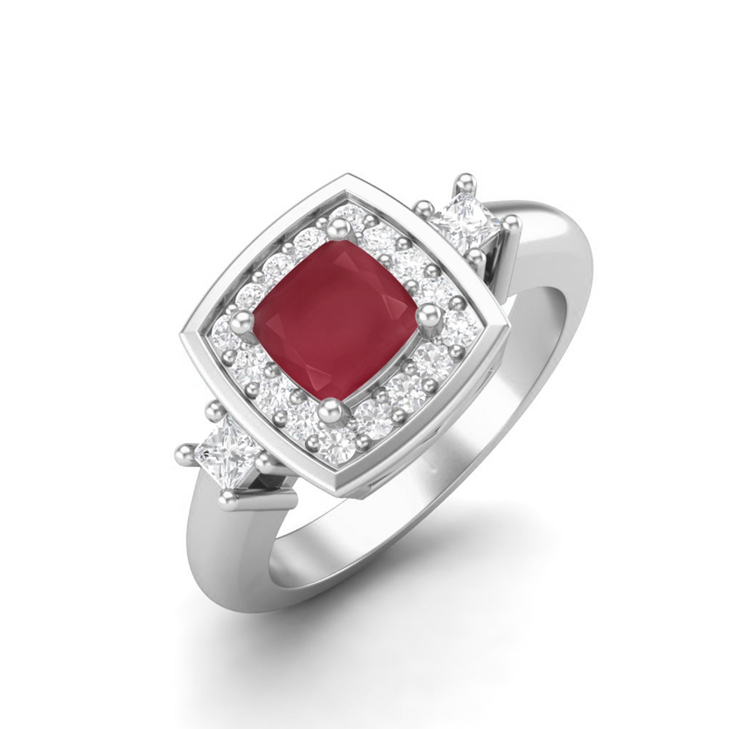 Ruby 0.75 Ct Cushion Halo Side Stone Ring – 14K Yellow Gold