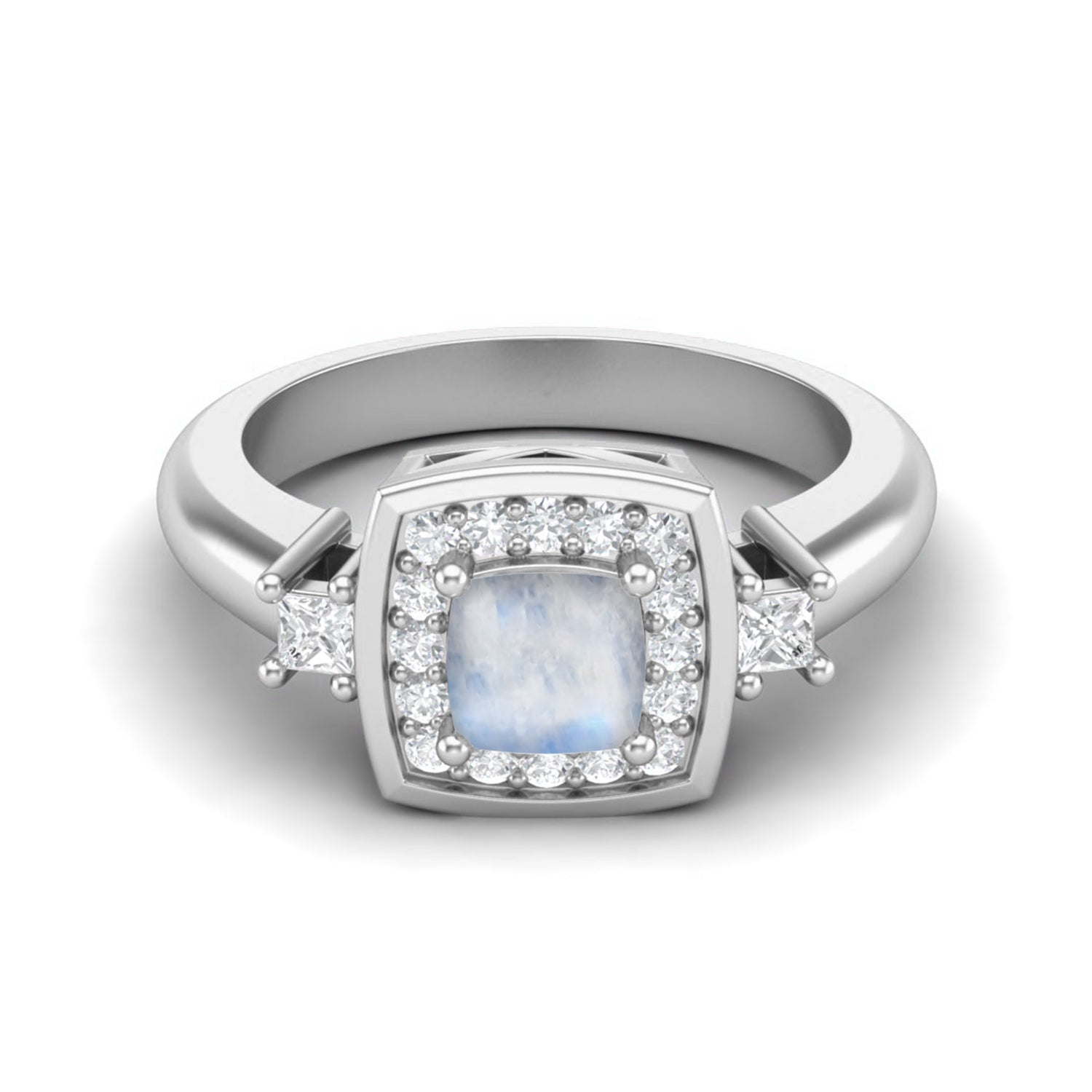 Moonstone Cushion Halo Accents Ring - Sterling Silver