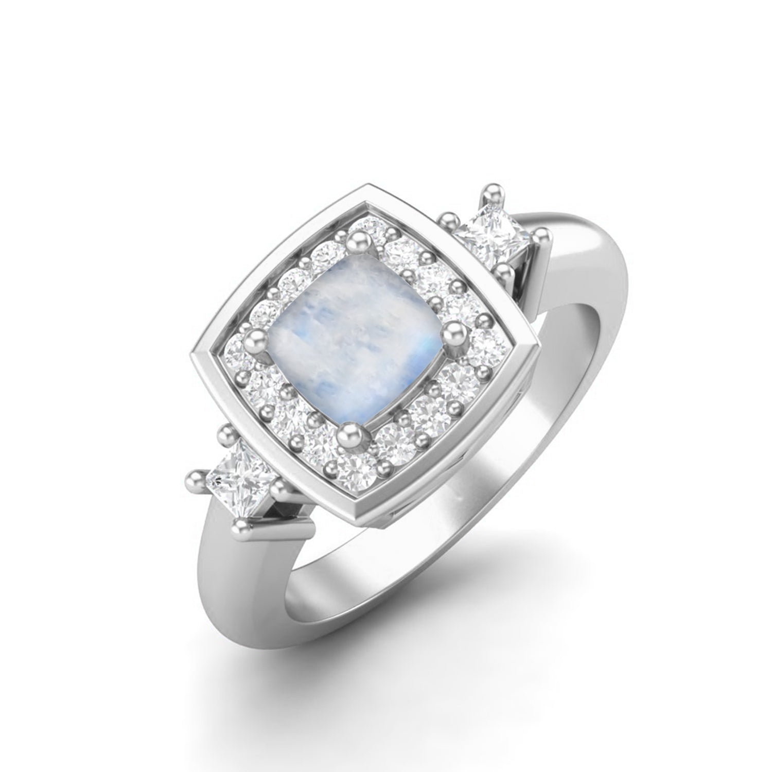 Moonstone Cushion Halo Accents Ring - Sterling Silver