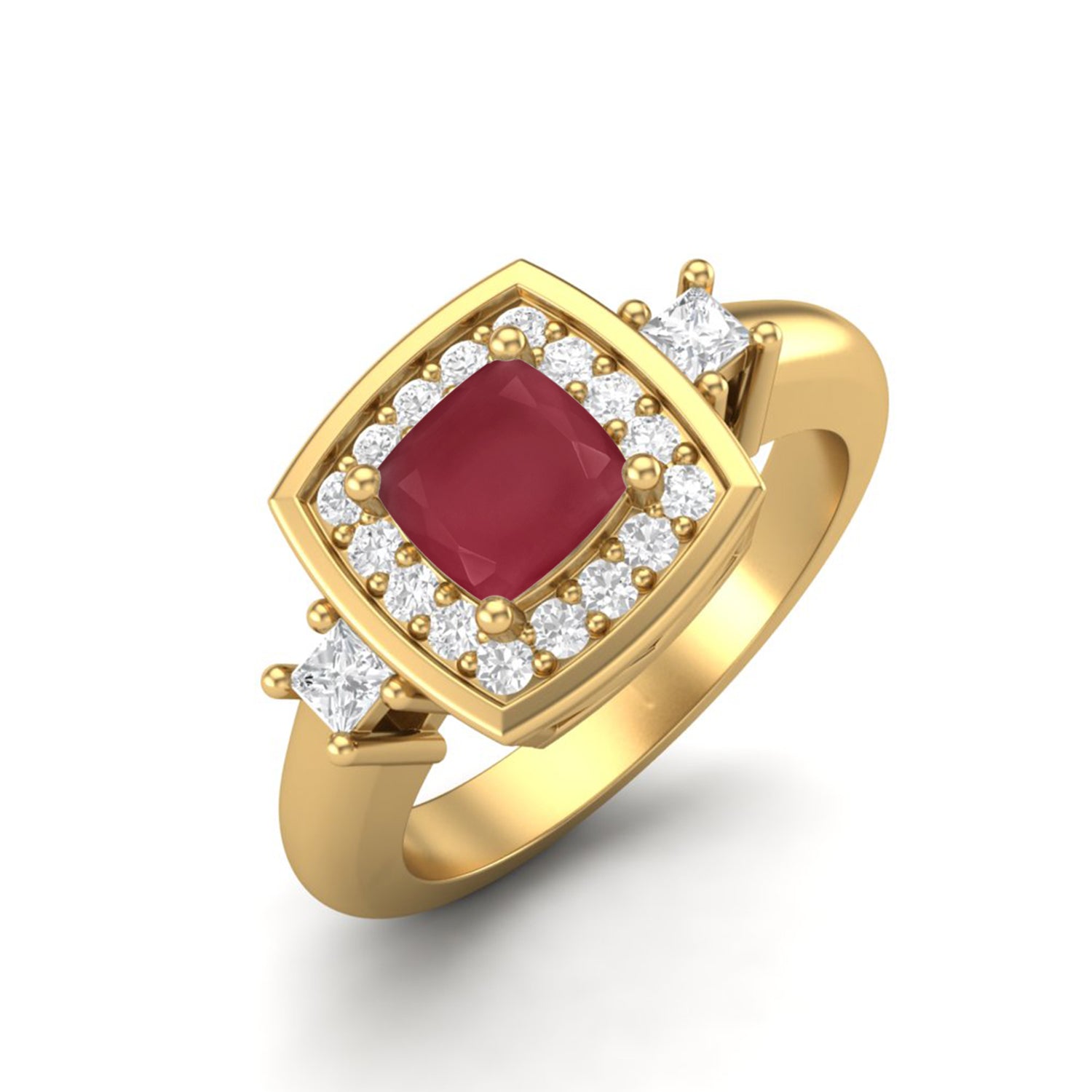 Ruby 0.75 Ct Cushion Halo Side Stone Ring – 14K Yellow Gold