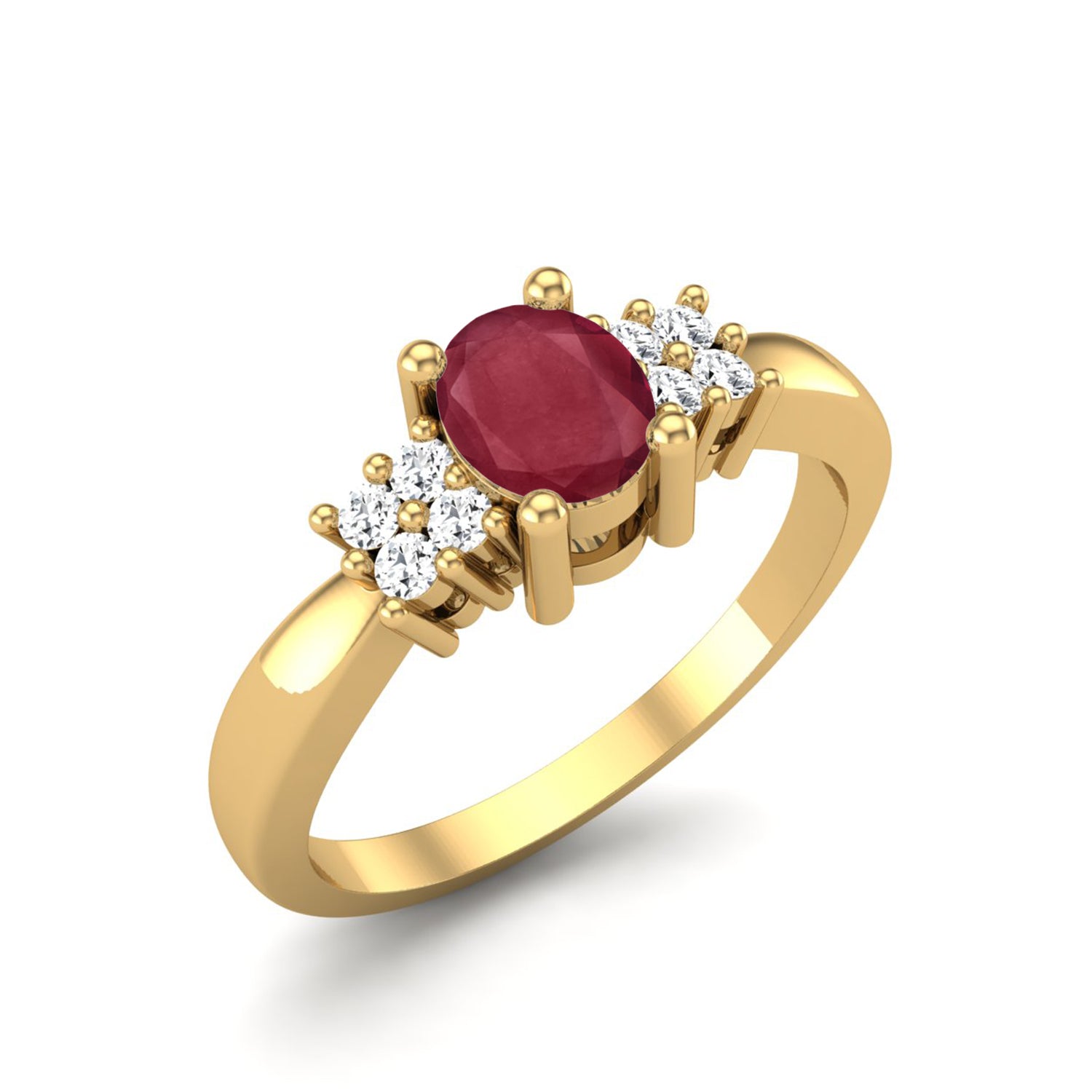 Ruby0.25 Ct Oval Solitaire Side Accent Ring – 14K Yellow Gold